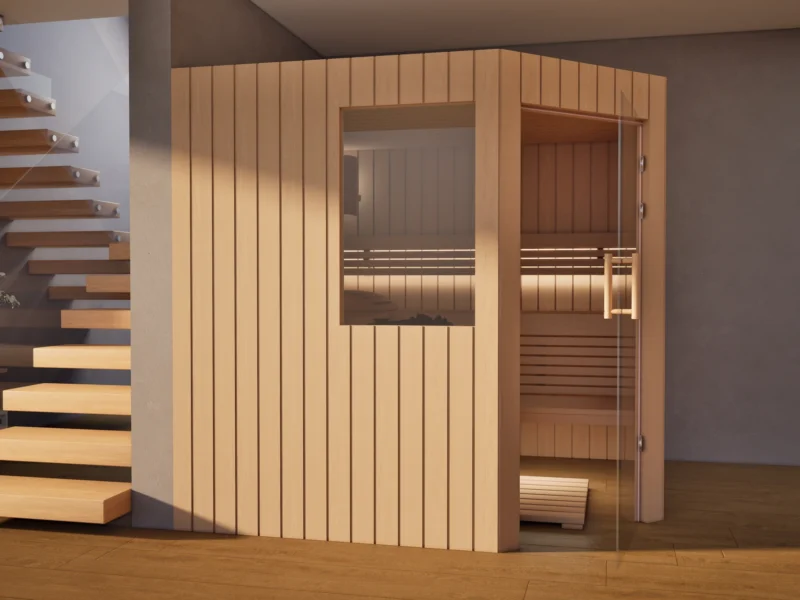 Sauna Athen 2 kleine Fenster Profilholz Erle neben der Treppe, Glastür geöffnet