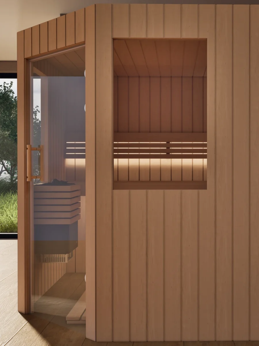 Sauna Athen 2 kleine Fenster Profilholz Erle von der Seite, Blick durch die geöffnete Glastür auf den Saunaofen