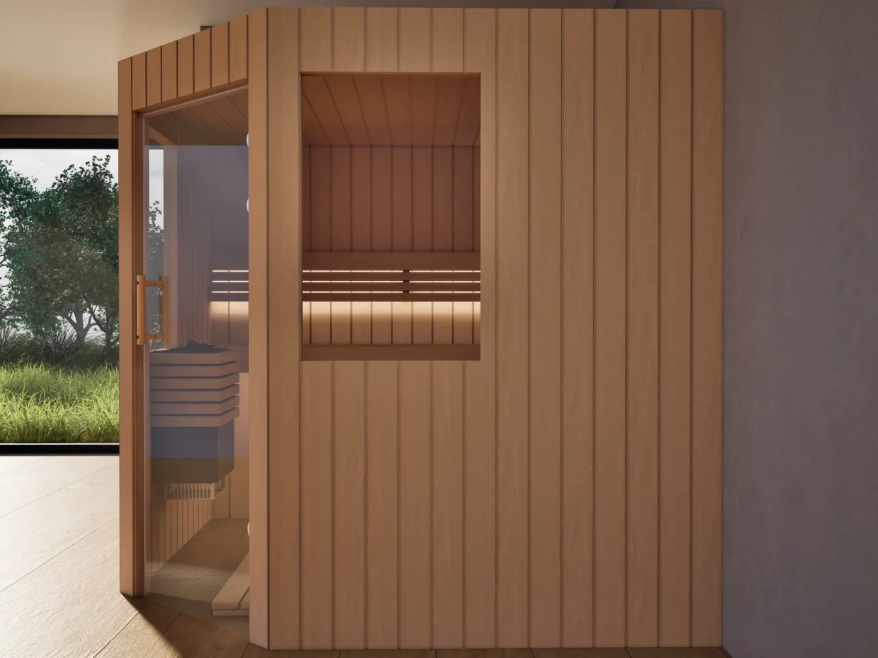 Sauna Athen 2 kleine Fenster Profilholz Erle von der Seite, Blick durch die geöffnete Glastür auf den Saunaofen