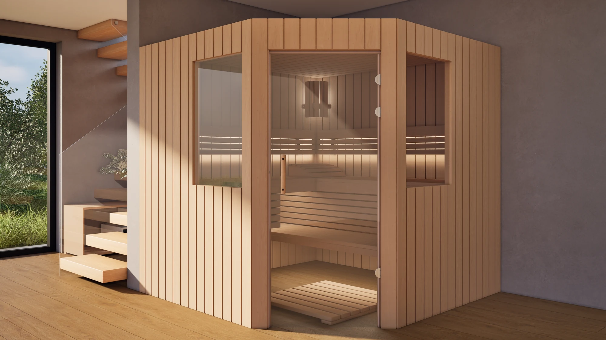 Sauna Athen 2 kleine Fenster Profilholz Erle im Wohnraum neben der Treppe