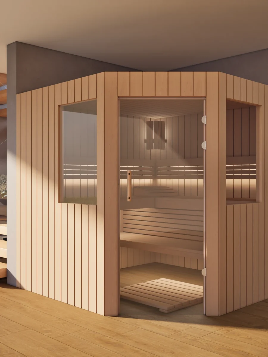Sauna Athen 2 kleine Fenster Profilholz Erle im Wohnraum, Gesamtansicht