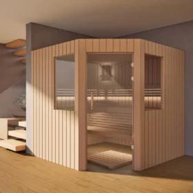 Sauna Athen 2 kleine Fenster Profilholz Erle im Wohnraum, Gesamtansicht