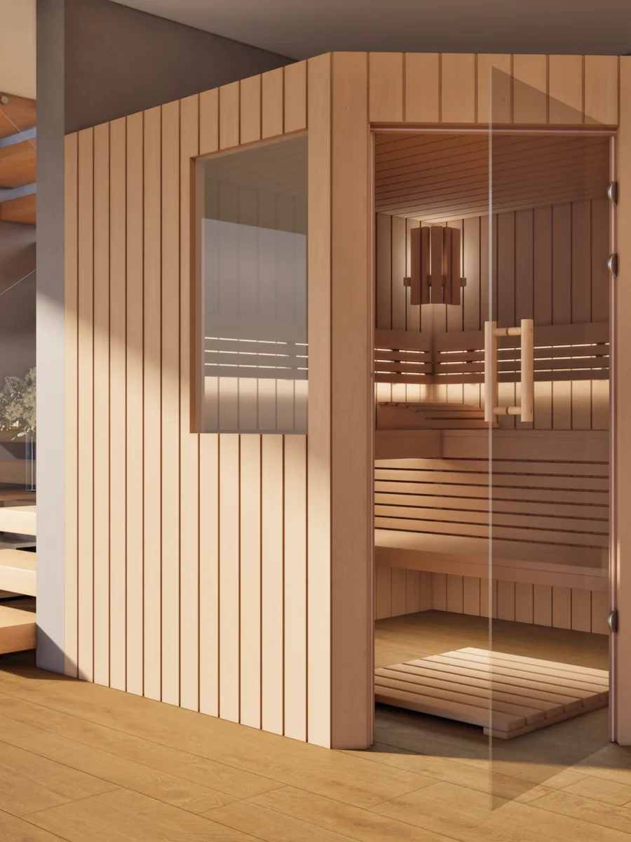 Sauna Athen 2 kleine Fenster Profilholz Erle mit geöffneter Glastür