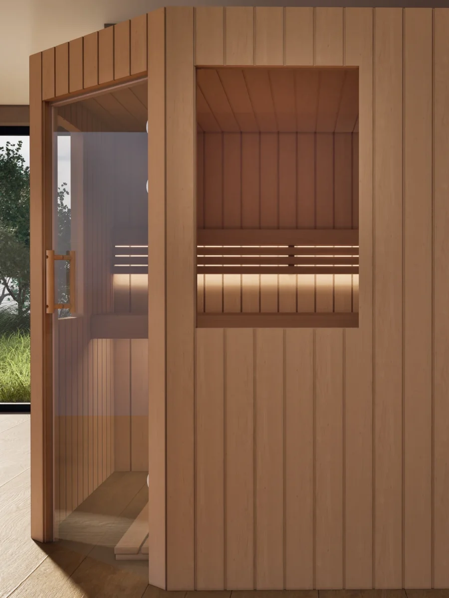 Sauna Athen 2 kleine Fenster Profilholz Erle von der Seite, Kabine ohne Saunaofen