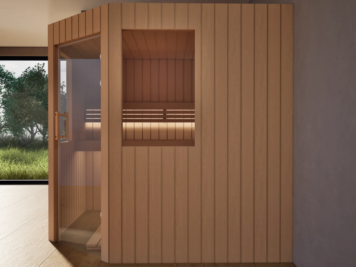 Sauna Athen 2 kleine Fenster Profilholz Erle von der Seite, Kabine ohne Saunaofen