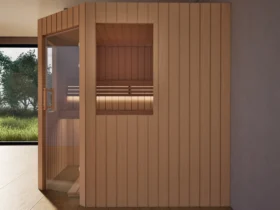 Sauna Athen 2 kleine Fenster Profilholz Erle von der Seite, Kabine ohne Saunaofen