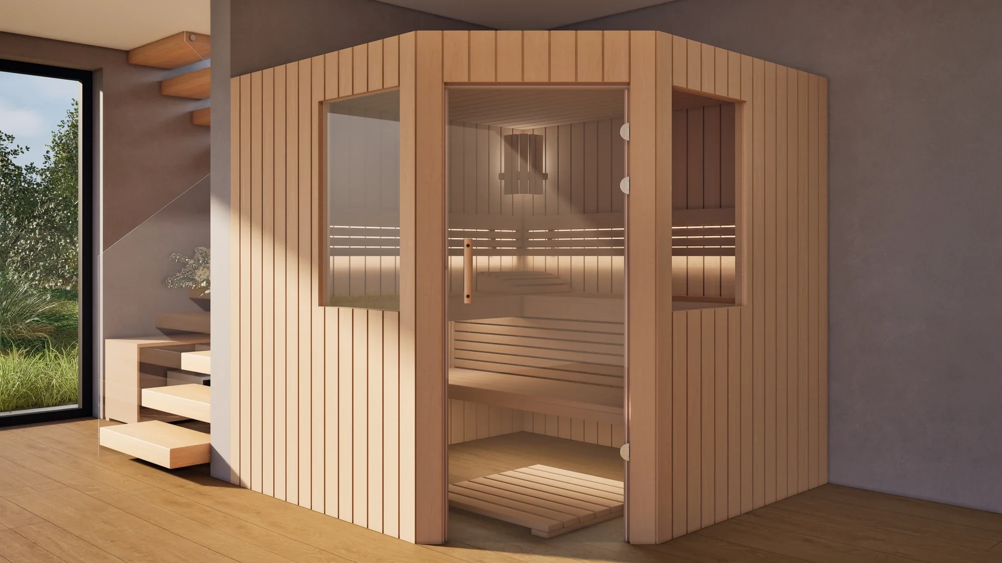 Sauna Athen 2 kleine Fenster Profilholz Erle im Wohnraum neben der Treppe