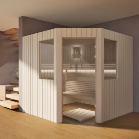 Sauna Athen 2 kleine Fenster Profilholz Linde im Wohnraum, Gesamtansicht