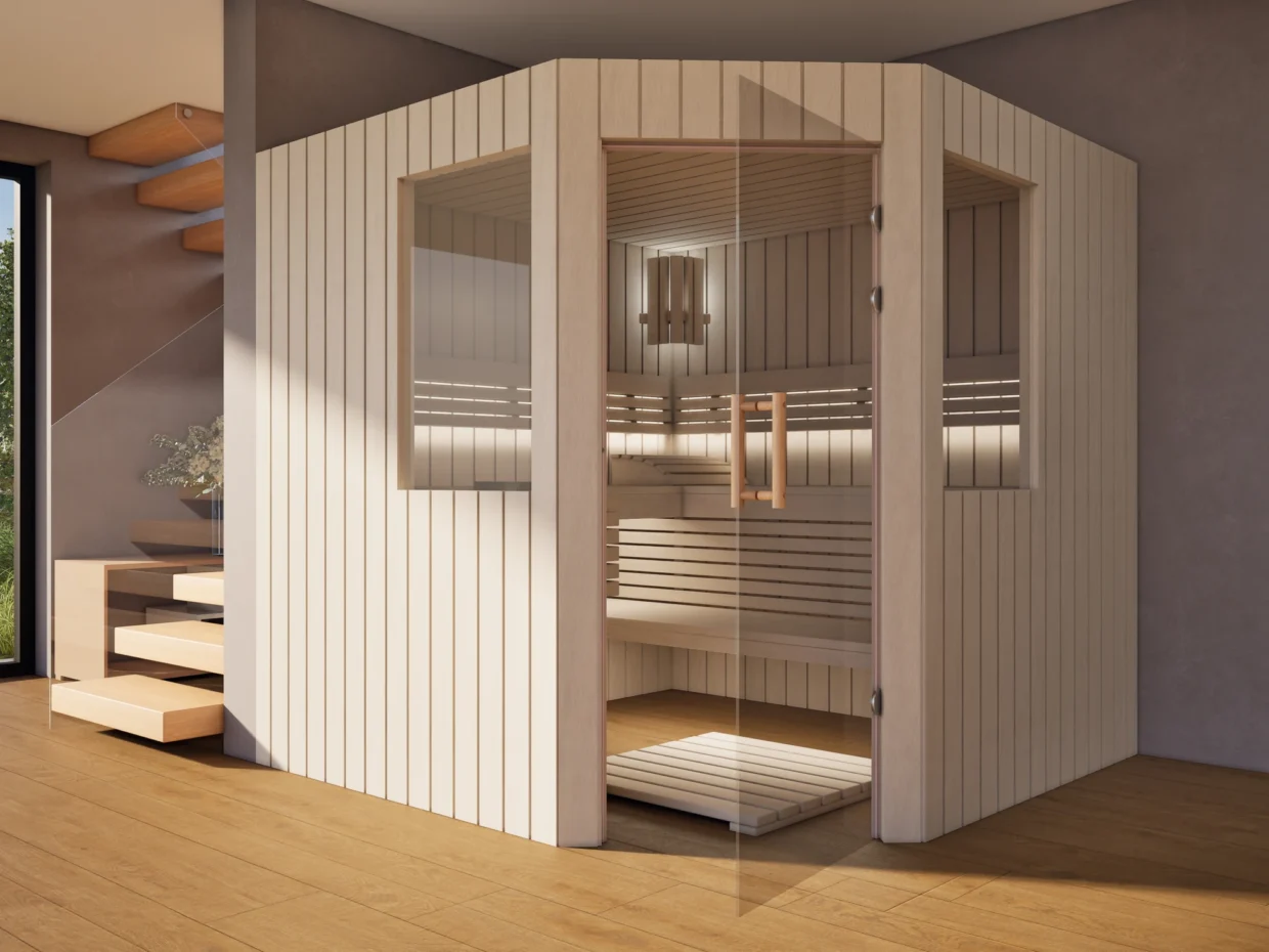 Sauna Athen 2 kleine Fenster Profilholz Linde mit geöffneter Glastür