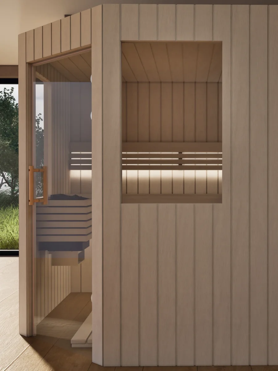 Sauna Athen 2 kleine Fenster Profilholz Linde von der Seite, Blick durch die geöffnete Glastür auf den Saunaofen
