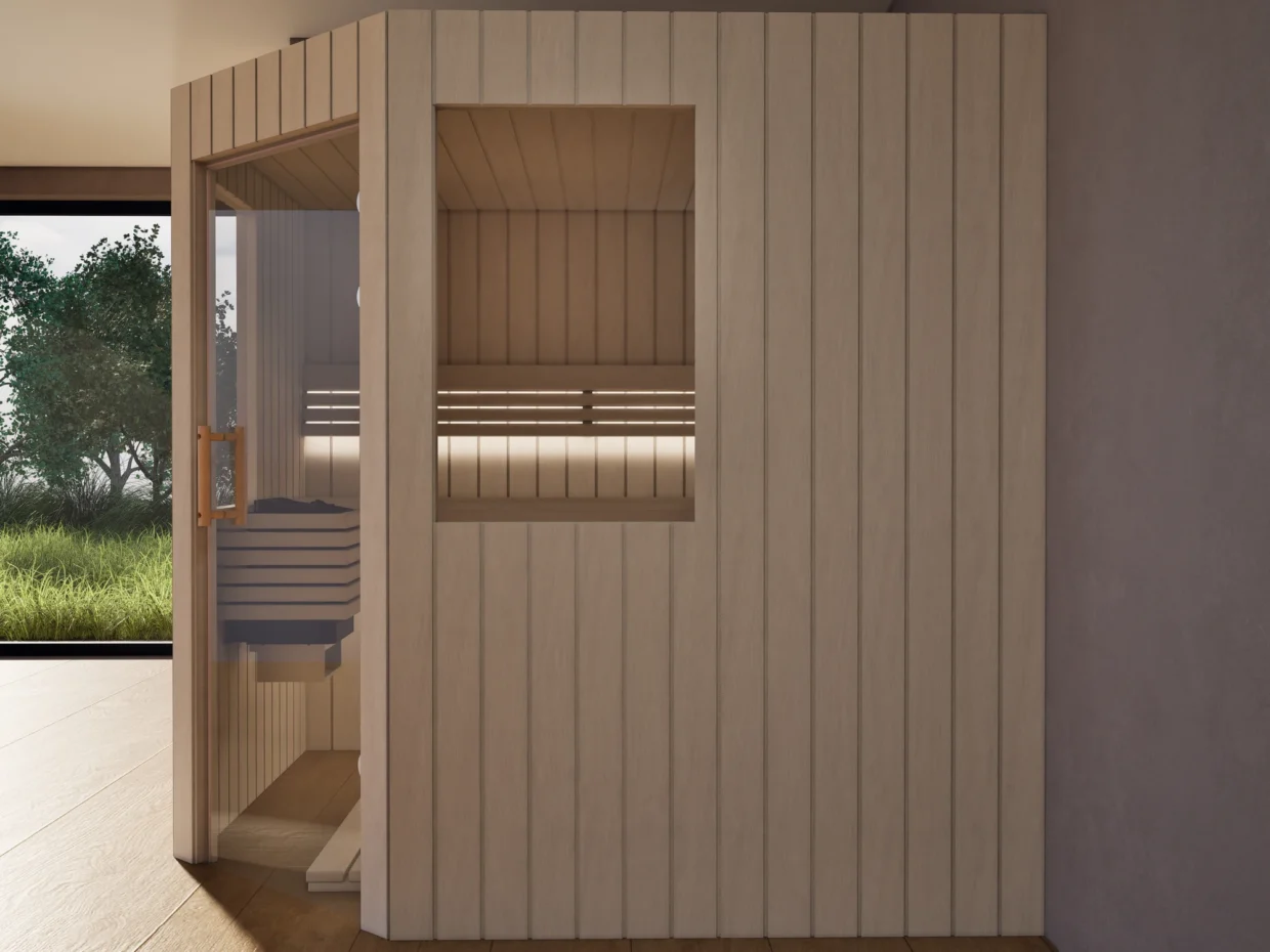 Sauna Athen 2 kleine Fenster Profilholz Linde von der Seite, Blick durch die geöffnete Glastür auf den Saunaofen