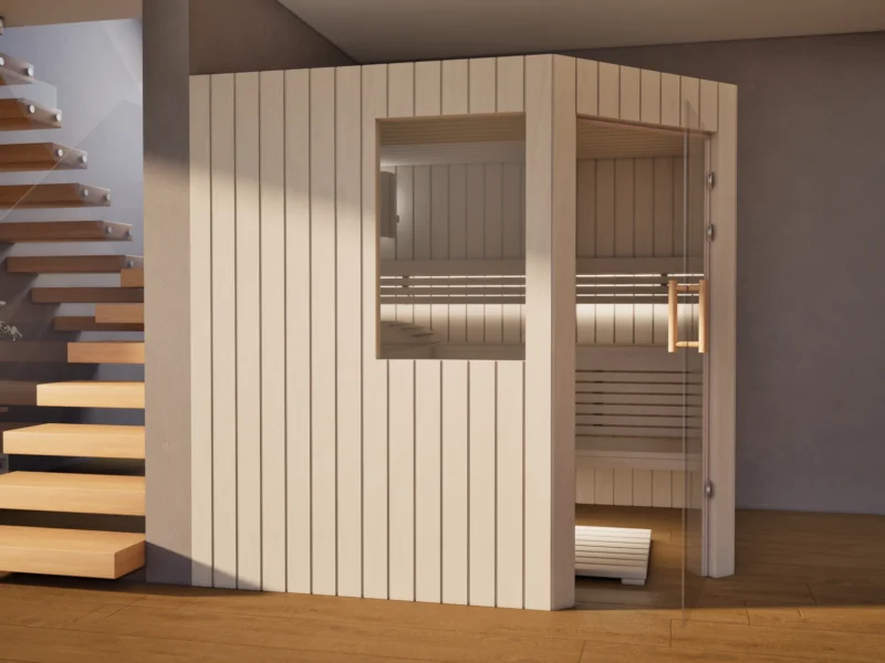 Sauna Athen 2 kleine Fenster Profilholz Linde neben der Treppe, Glastür geöffnet