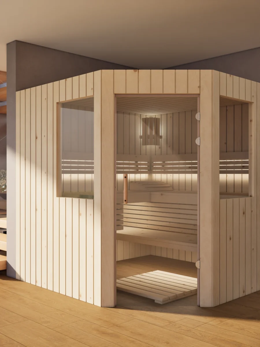 Sauna Athen 2 kleine Fenster Profilholz Zirbe im Wohnraum, Gesamtansicht
