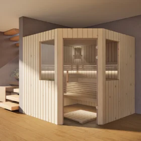 Sauna Athen 2 kleine Fenster Profilholz Zirbe im Wohnraum, Gesamtansicht