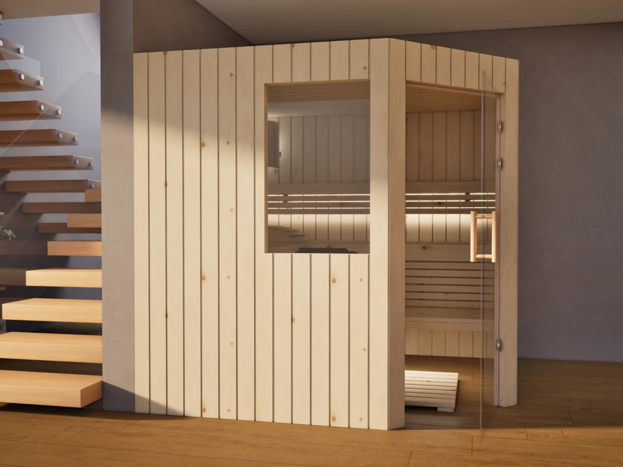 Sauna Athen 2 kleine Fenster Profilholz Zirbe neben der Treppe, Glastür geöffnet
