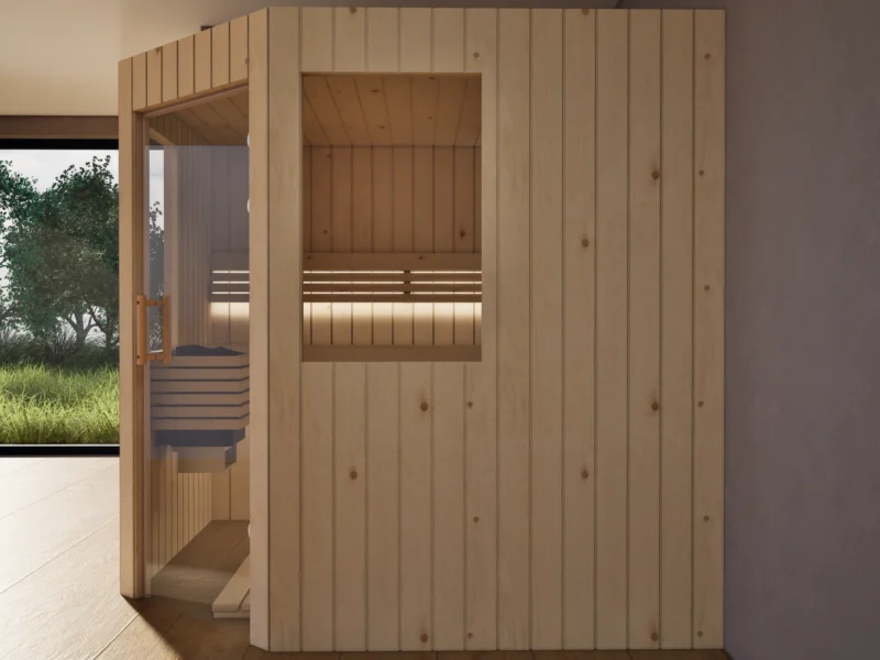 Sauna Athen 2 kleine Fenster Profilholz Zirbe von der Seite, Blick durch die geöffnete Glastür auf den Saunaofen