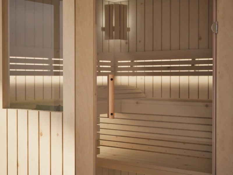 Klarglastür mit Holzgriff an der Sauna Athen 2 kleine Fenster Profilholz Zirbe