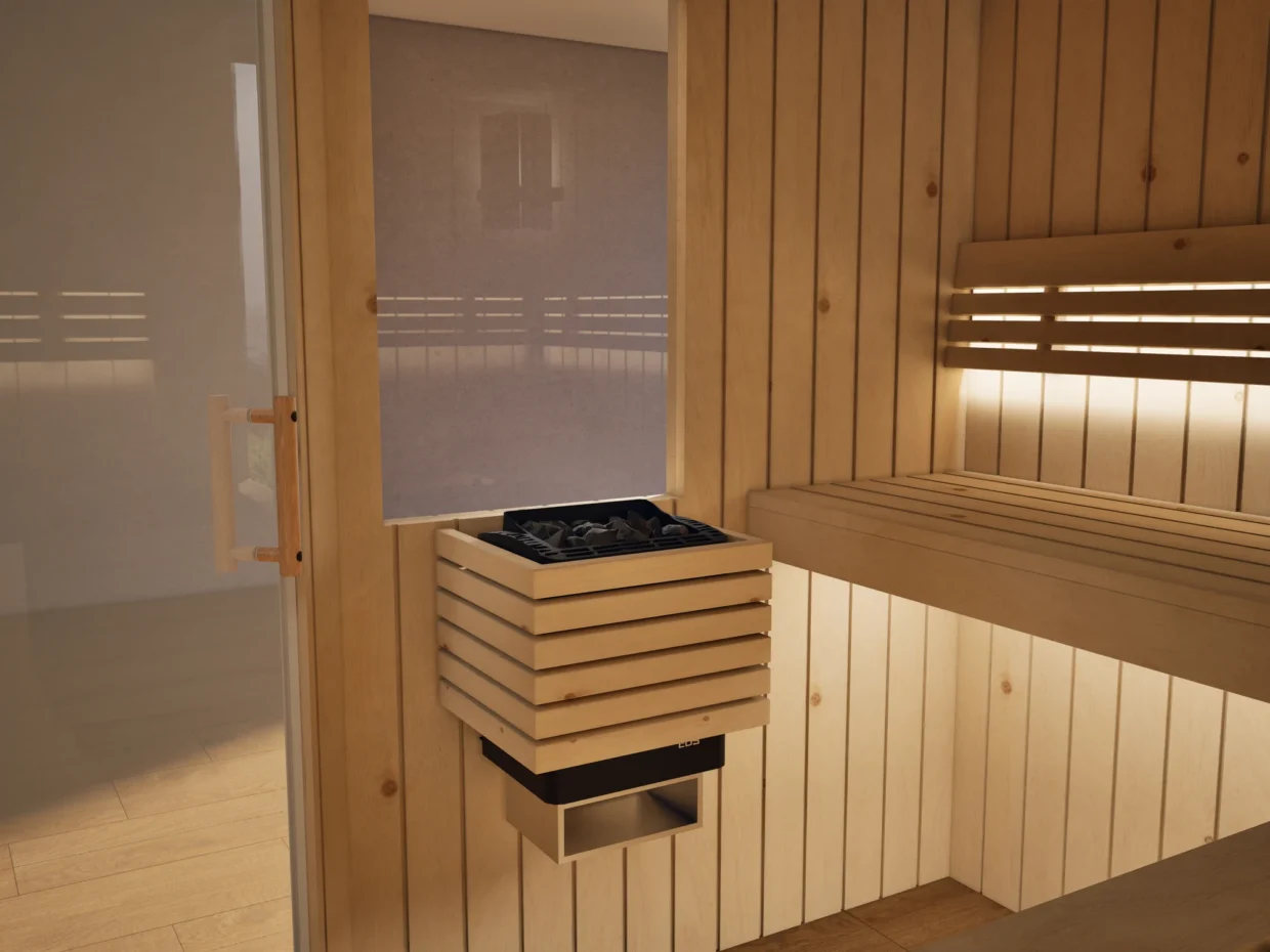Saunaofen mit Steinen in der Sauna Athen 2 kleine Fenster Profilholz Zirbe