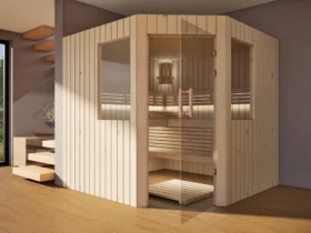 Sauna Athen 2 kleine Fenster Profilholz Zirbe mit geöffneter Glastür