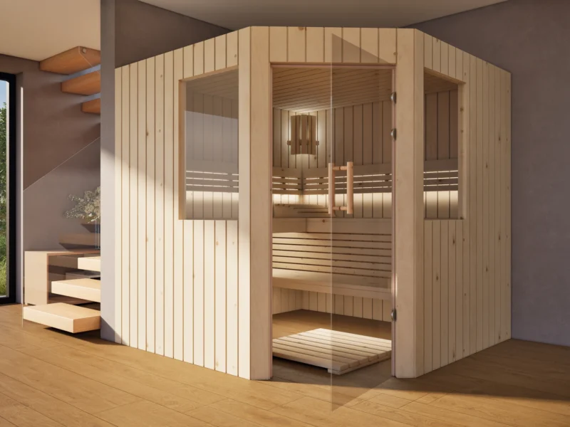 Sauna Athen 2 kleine Fenster Profilholz Zirbe mit geöffneter Glastür