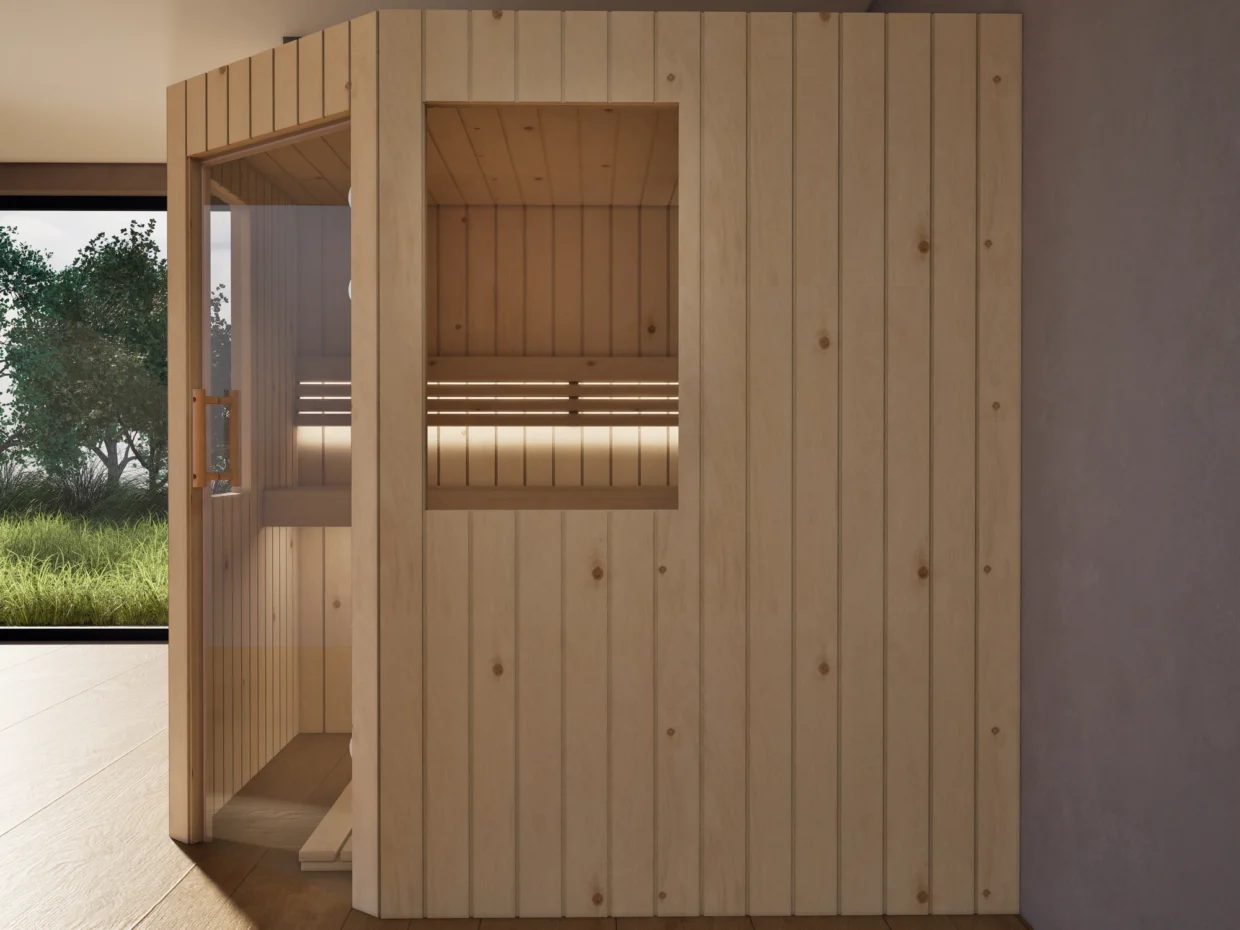 Sauna Athen 2 kleine Fenster Profilholz Zirbe von der Seite, Kabine ohne Saunaofen