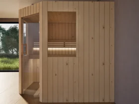 Sauna Athen 2 kleine Fenster Profilholz Zirbe von der Seite, Kabine ohne Saunaofen