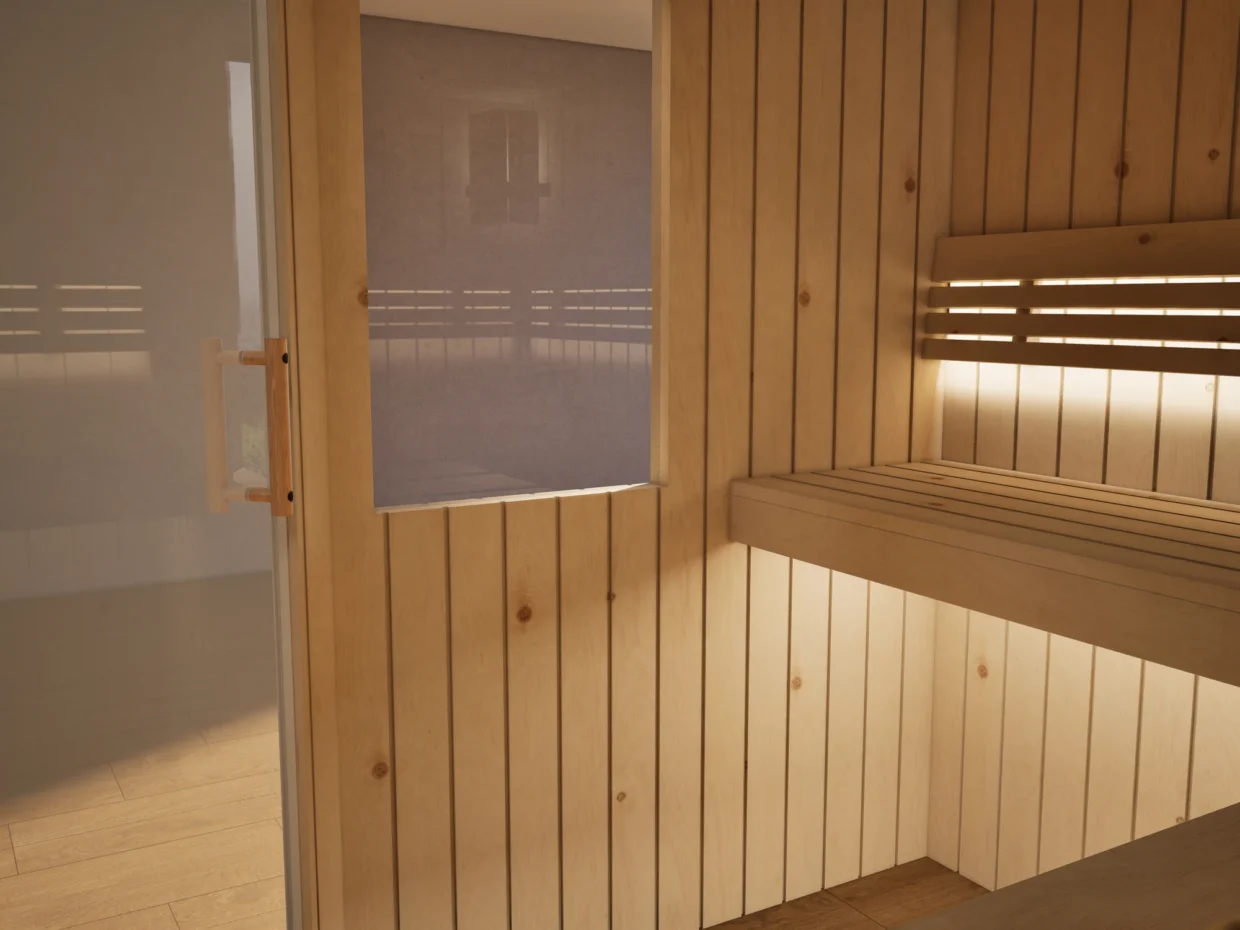 Innenraum der Sauna Athen 2 kleine Fenster Profilholz Zirbe mit freiem Ofenplatz