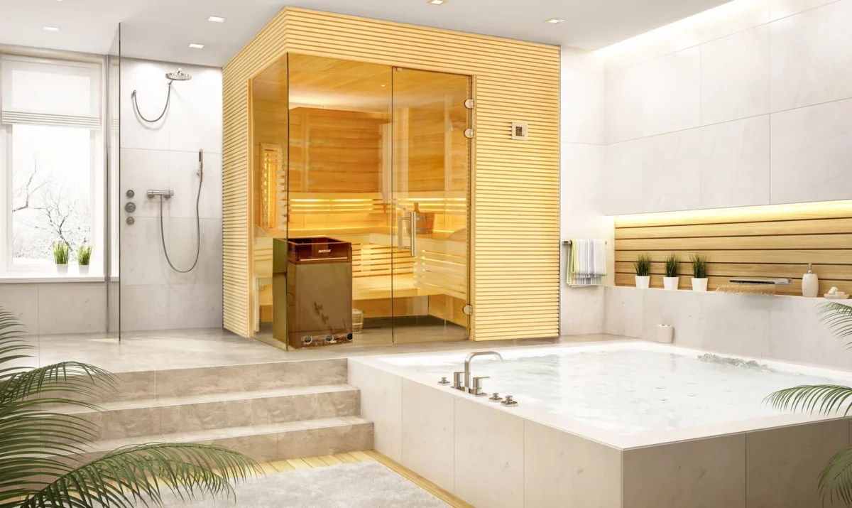 Sauna mit Glasfront in einem Badezimmer