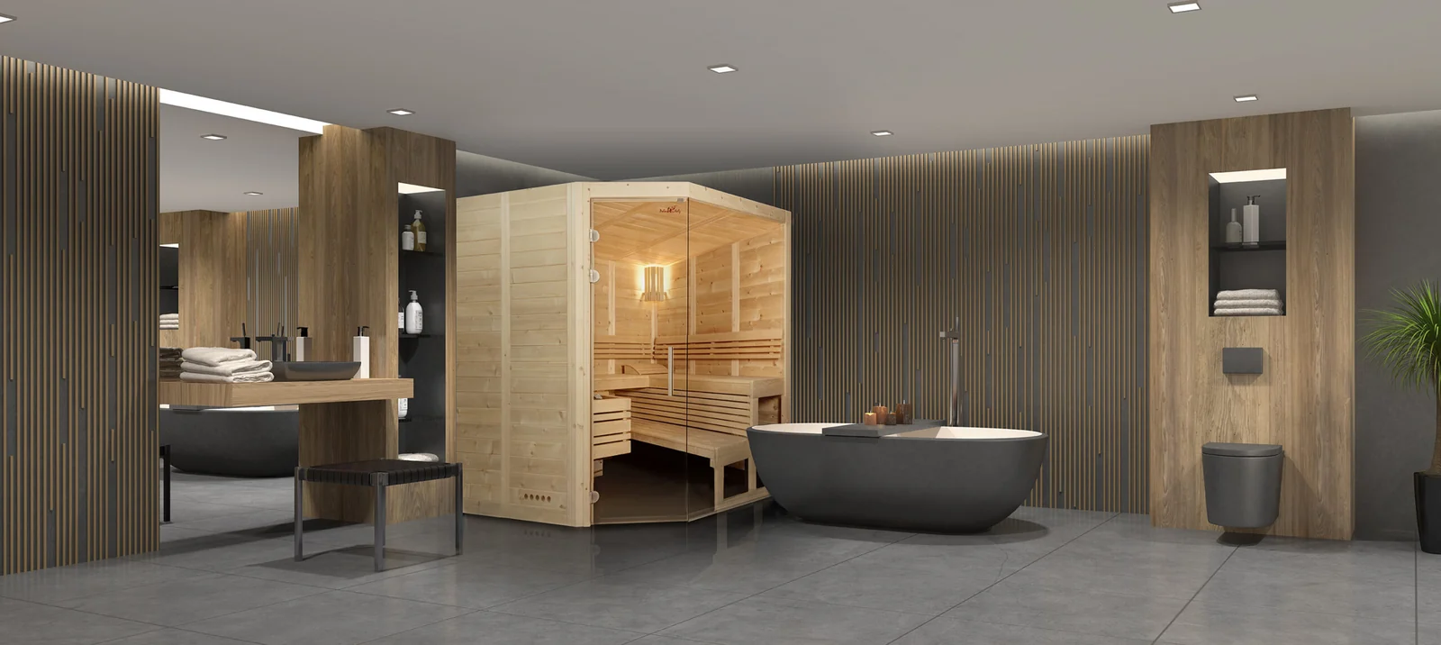 Wellnessbad mit Sauna und freistehender Wanne