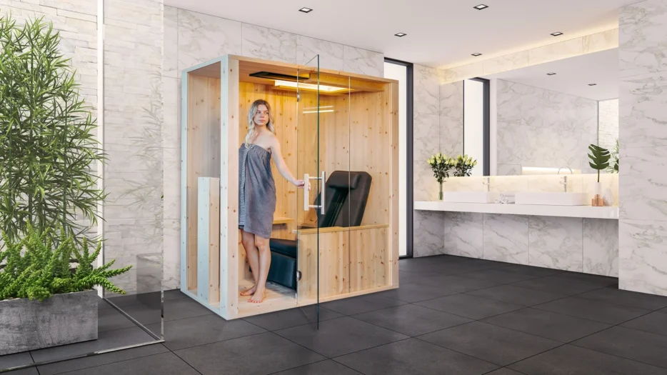 Infrarotkabine mit Glasfront in einem hellen Badezimmer