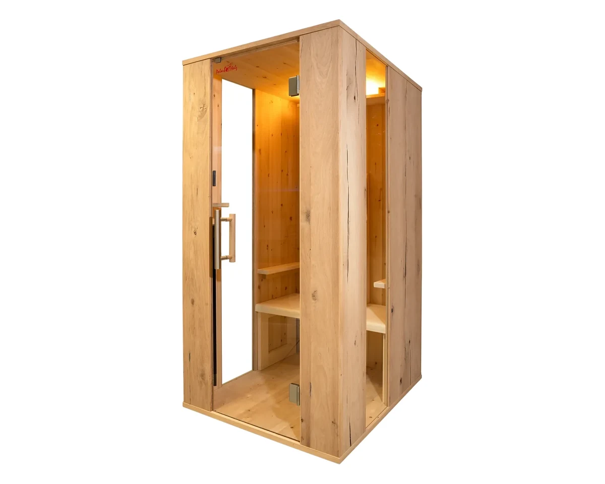 Infrarotkabine Aura 1 F Design freigestellt vor weißem Hintergrund