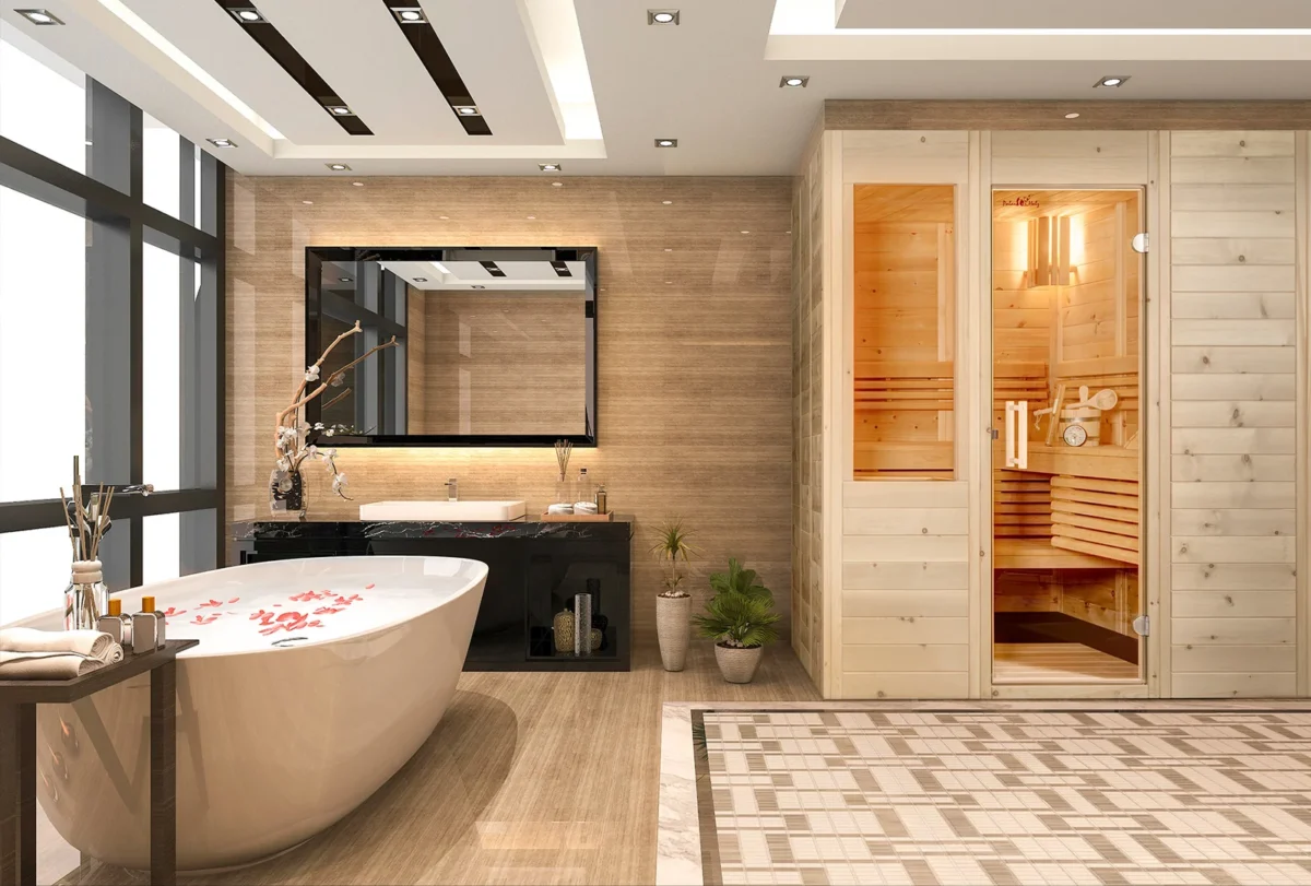 Designsauna Venus in einem Badezimmer mit Wanne