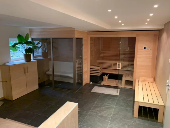Sauna mit Glasfront in einem Wohnraum