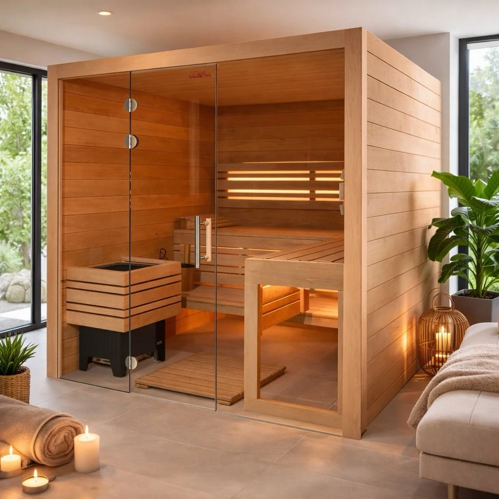 Sauna Kristall mit Glasfront in einem hellen Wohnraum