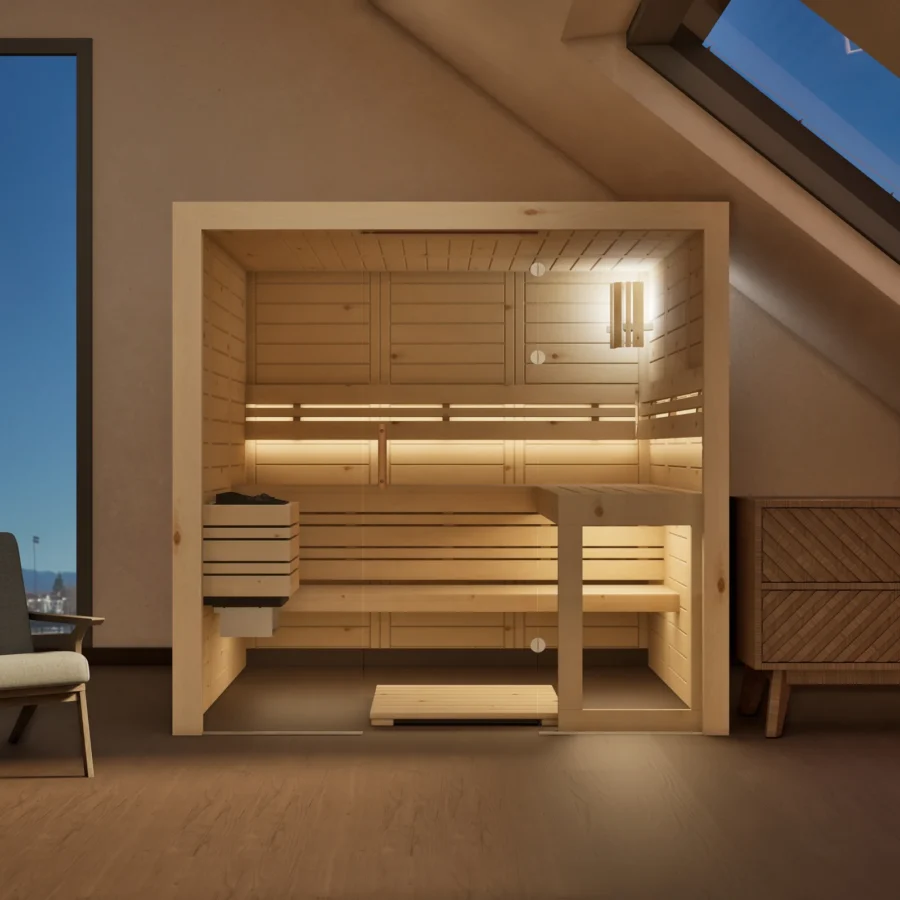 Sauna Kristall Massivholz Zirbe im Wohnraum unter der Dachschräge, Gesamtansicht