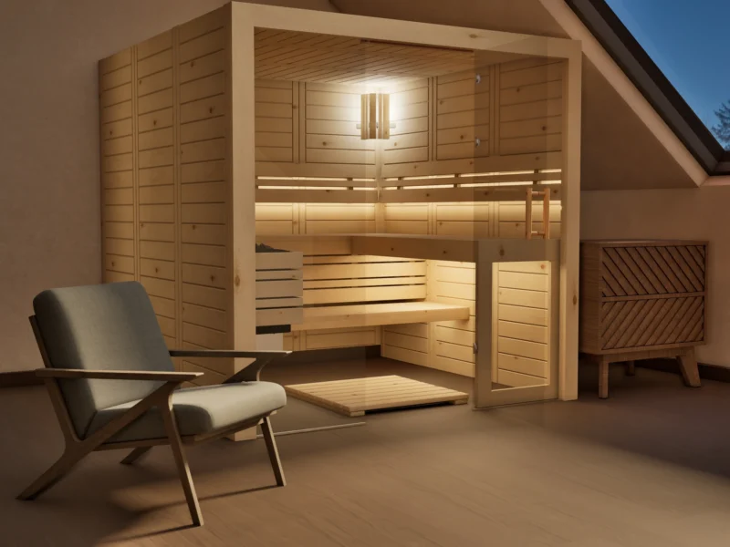 Sauna Kristall Massivholz Zirbe mit geöffneter Glastür