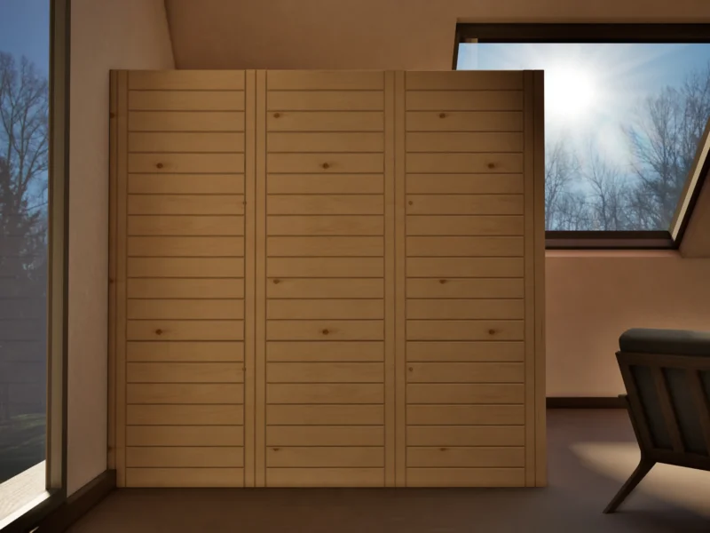Sauna Kristall Massivholz Zirbe von der Seite im Wohnraum