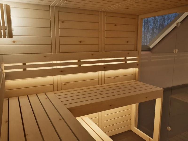 Liegeflächen der Sauna Kristall Massivholz Zirbe mit indirektem LED-Licht