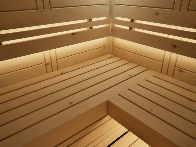 Bankecke der Sauna Kristall Massivholz Zirbe mit LED-Licht hinter den Rückenlehnen