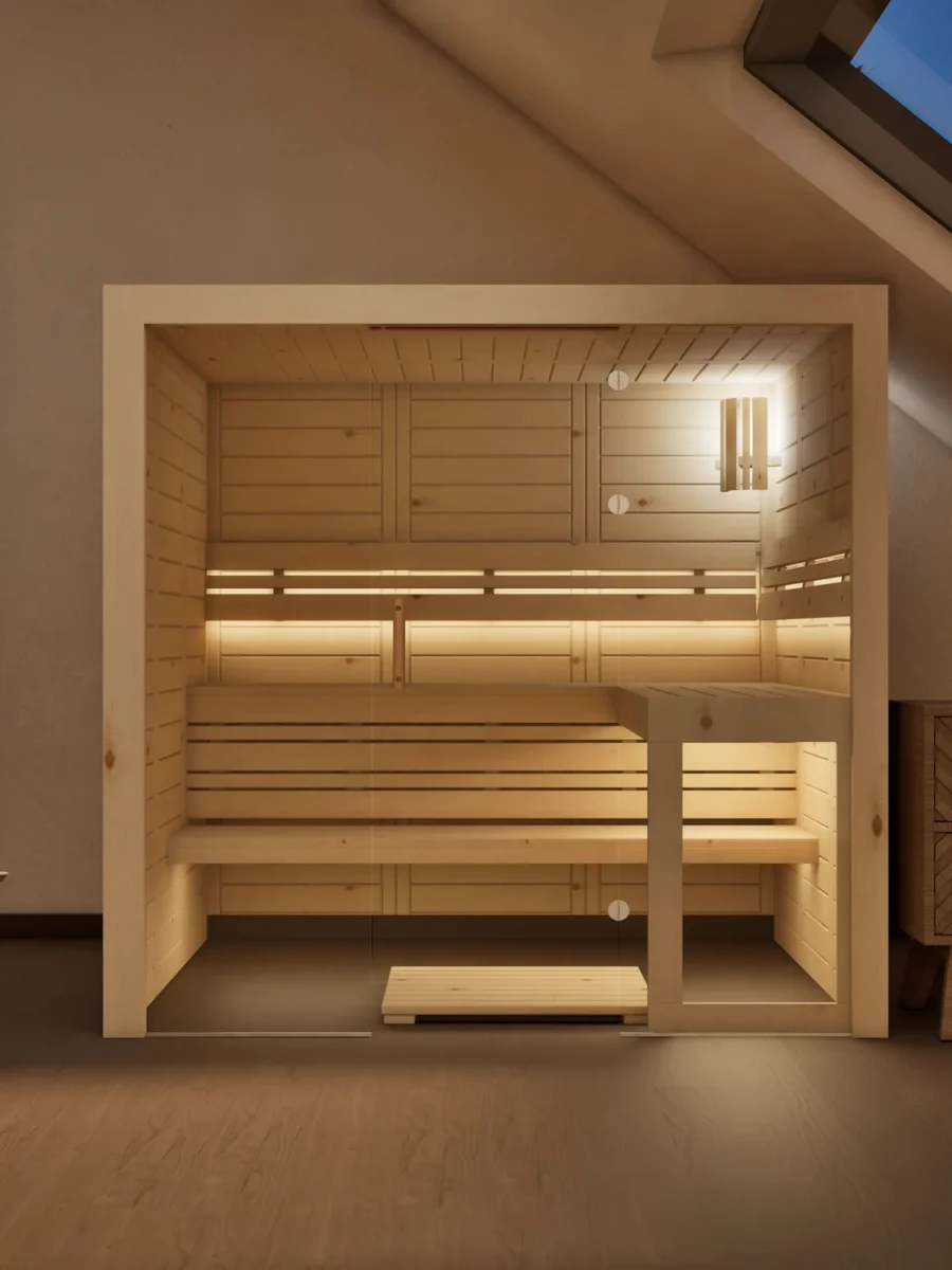 Sauna Kristall Massivholz Zirbe im Wohnraum unter der Dachschräge, Kabine ohne Saunaofen