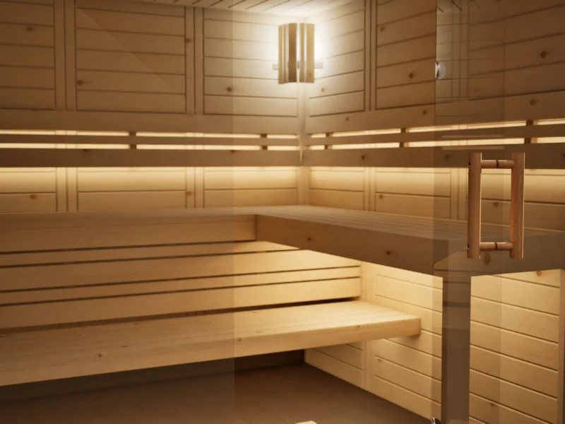 Sauna Kristall Massivholz Zirbe, Glastür mit Band und Holzgriff, Kabine ohne Saunaofen