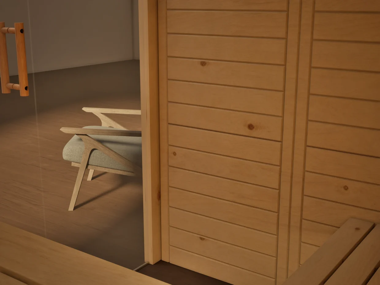 Innenraum der Sauna Kristall Massivholz Zirbe mit freiem Ofenplatz