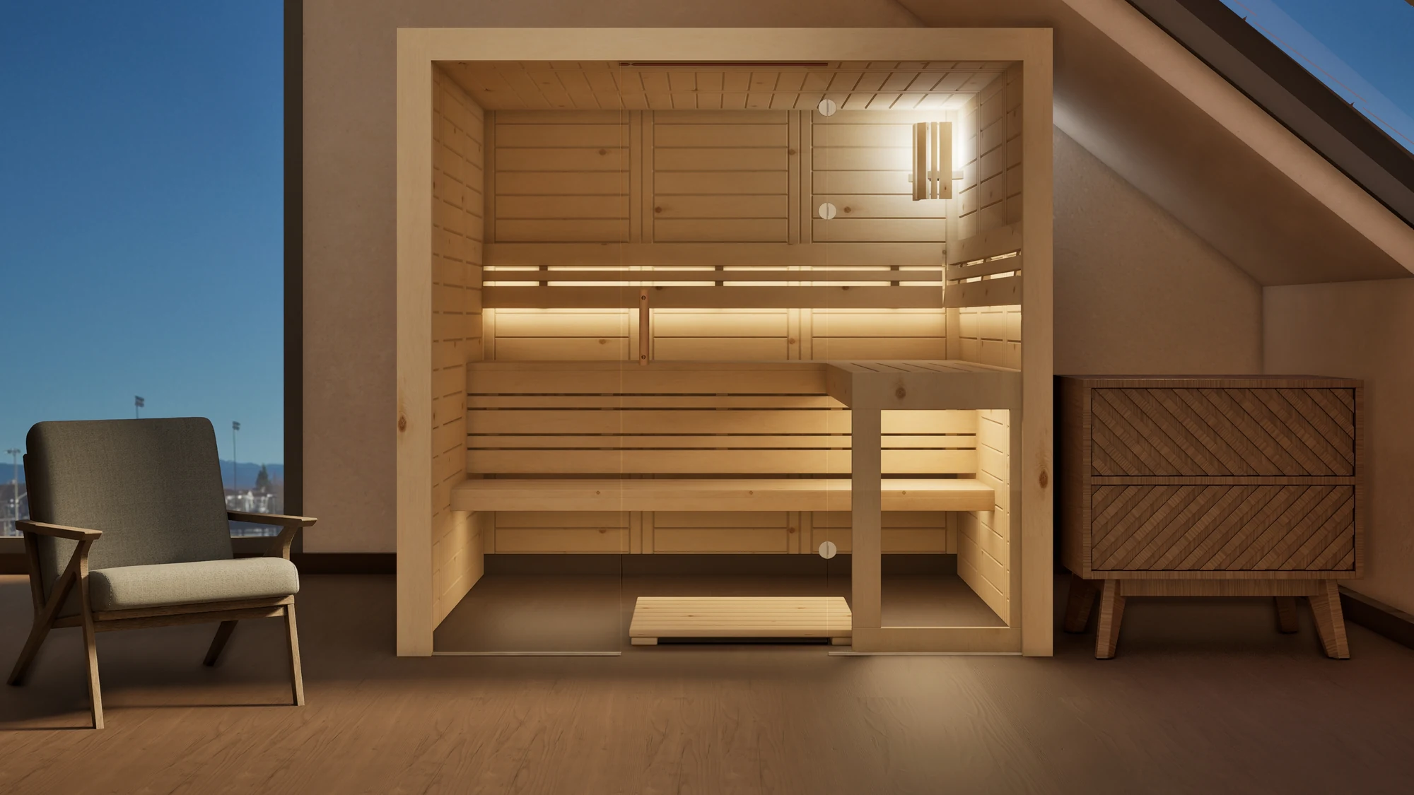 Sauna Kristall Massivholz Zirbe im Wohnraum unter der Dachschräge