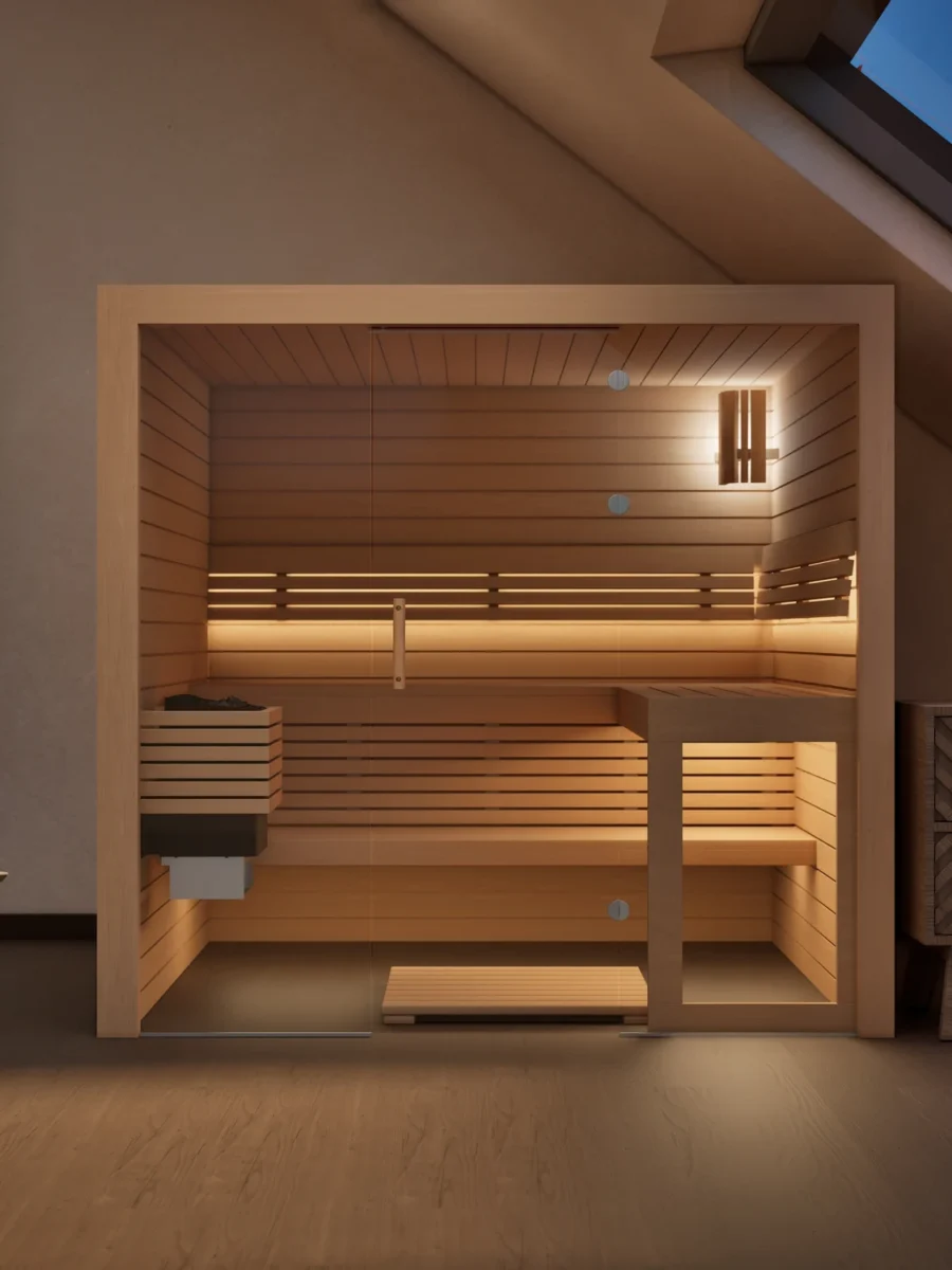 Sauna Kristall Profilholz Erle im Wohnraum unter der Dachschräge, Gesamtansicht