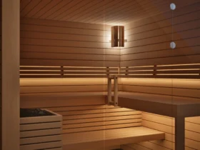 Blick durch die Glasfront in die Sauna Kristall Profilholz Erle
