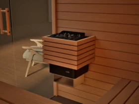 Saunaofen mit Steinen in der Sauna Kristall Profilholz Erle