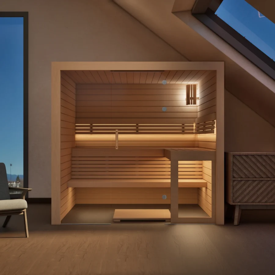 Sauna Kristall Profilholz Erle im Wohnraum unter der Dachschräge, Kabine ohne Saunaofen