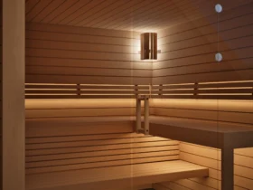 Blick durch die Glasfront in die Sauna Kristall Profilholz Erle, Kabine ohne Saunaofen
