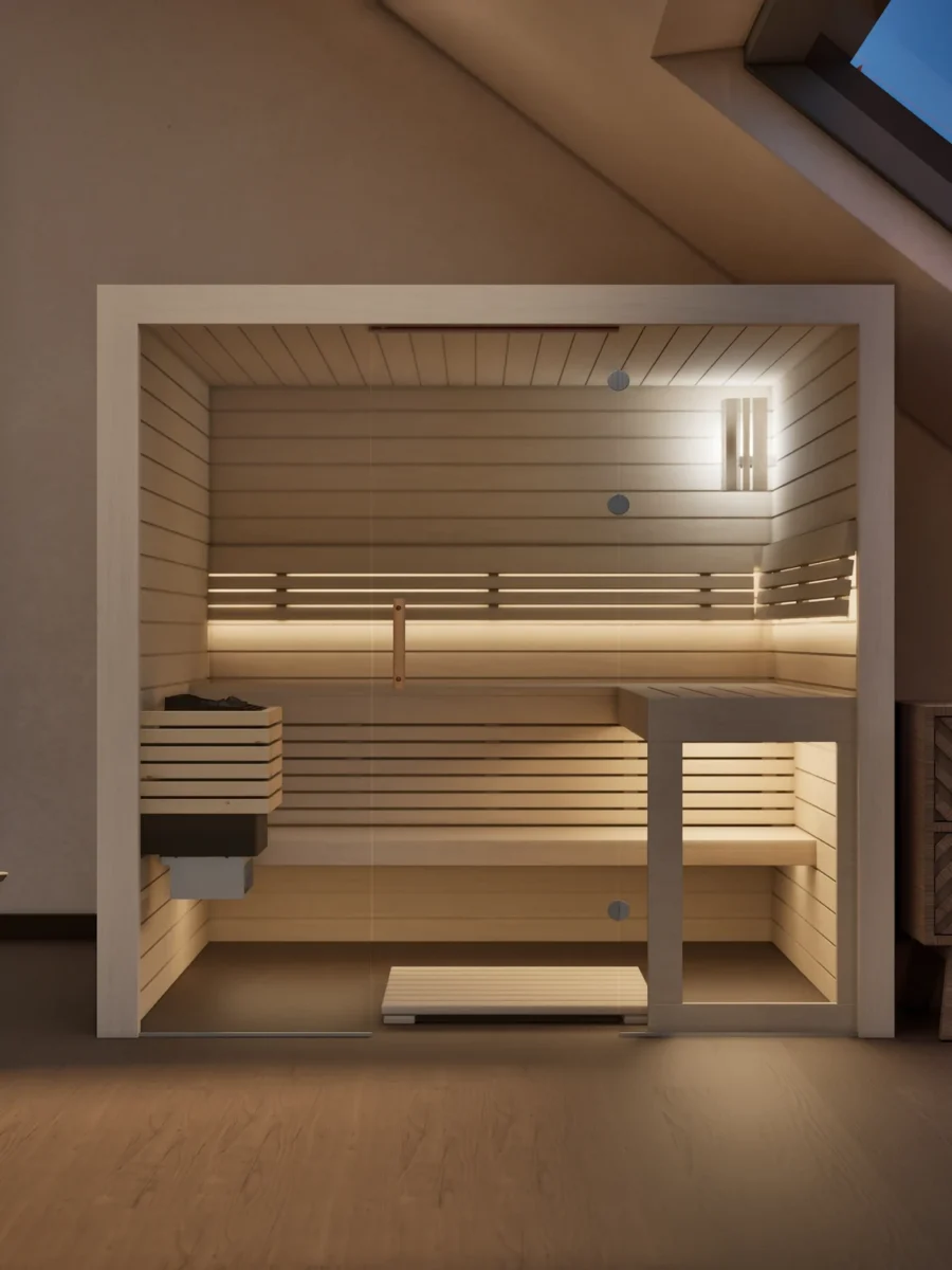 Sauna Kristall Profilholz Linde im Wohnraum unter der Dachschräge, Gesamtansicht