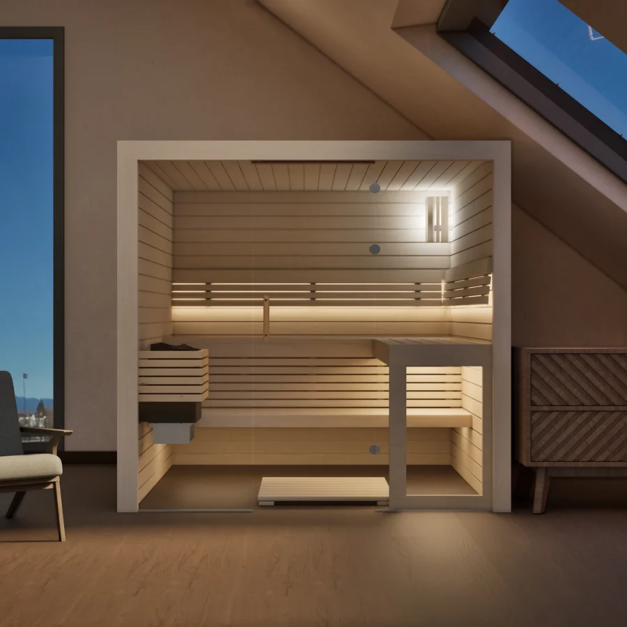 Sauna Kristall Profilholz Linde im Wohnraum unter der Dachschräge, Gesamtansicht